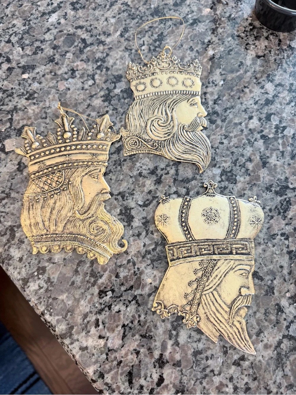 Vintage Gold King Head Ornament Trio
